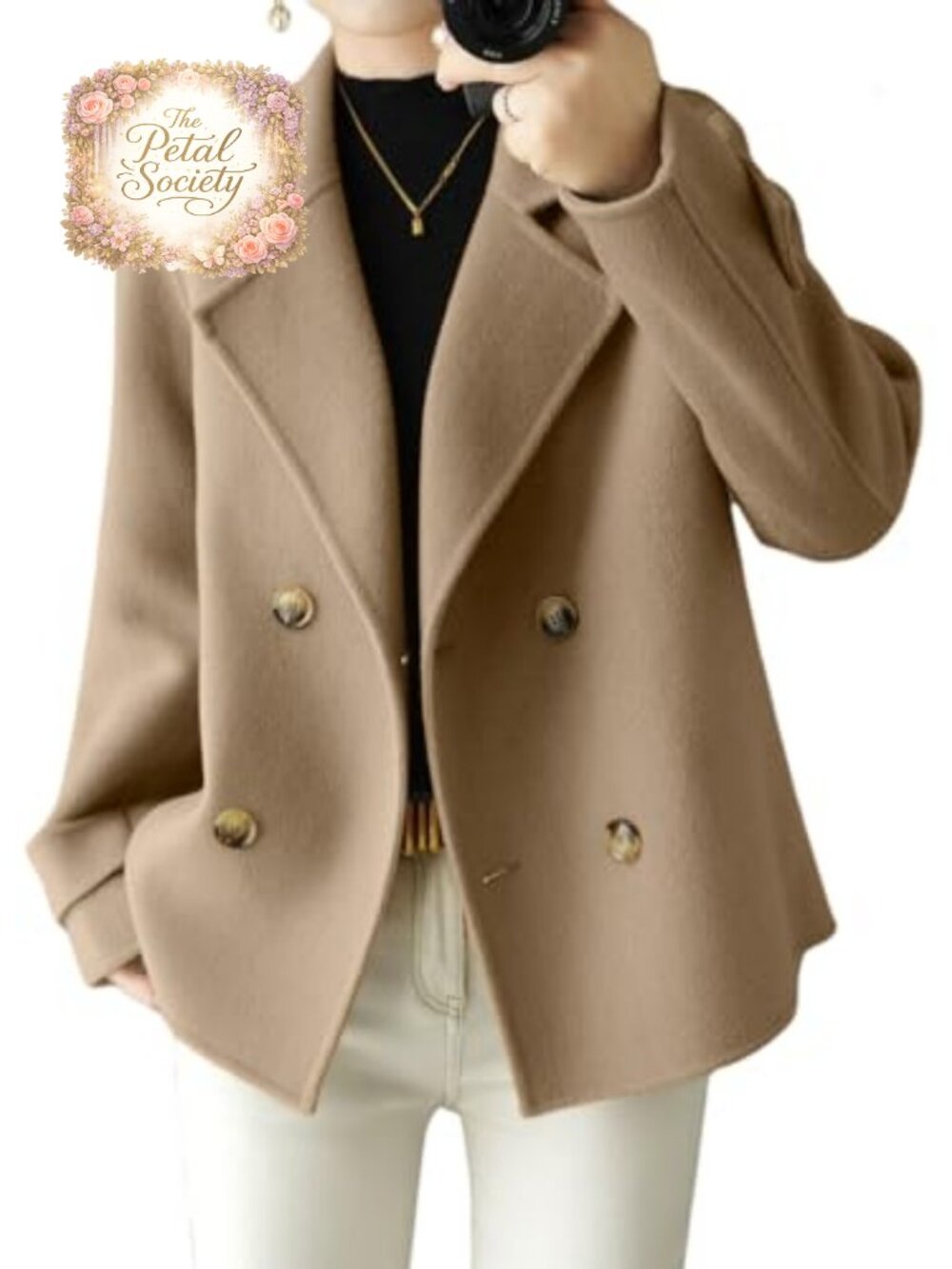 Women Wool Blend Pea Coat Notch Collar Button Down Mid Thigh Blazer